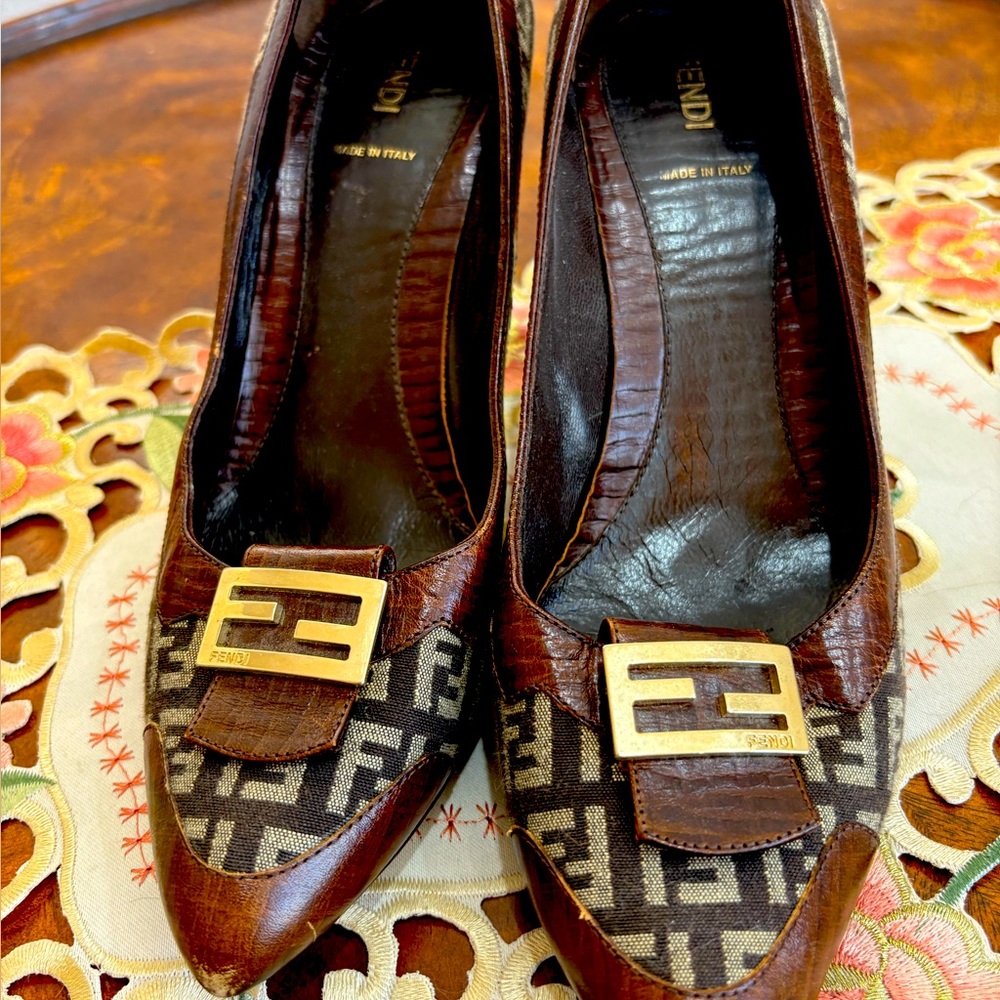 Fendi Brown and Black Heels with Gold Accent